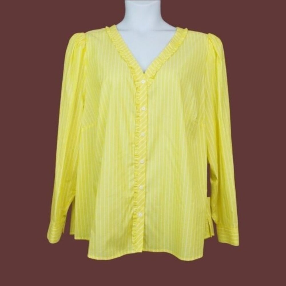 Court & Rowe Womens Puff Sleeve Yellow Stripe Ruffle Trim Shirt Size 3X NWT